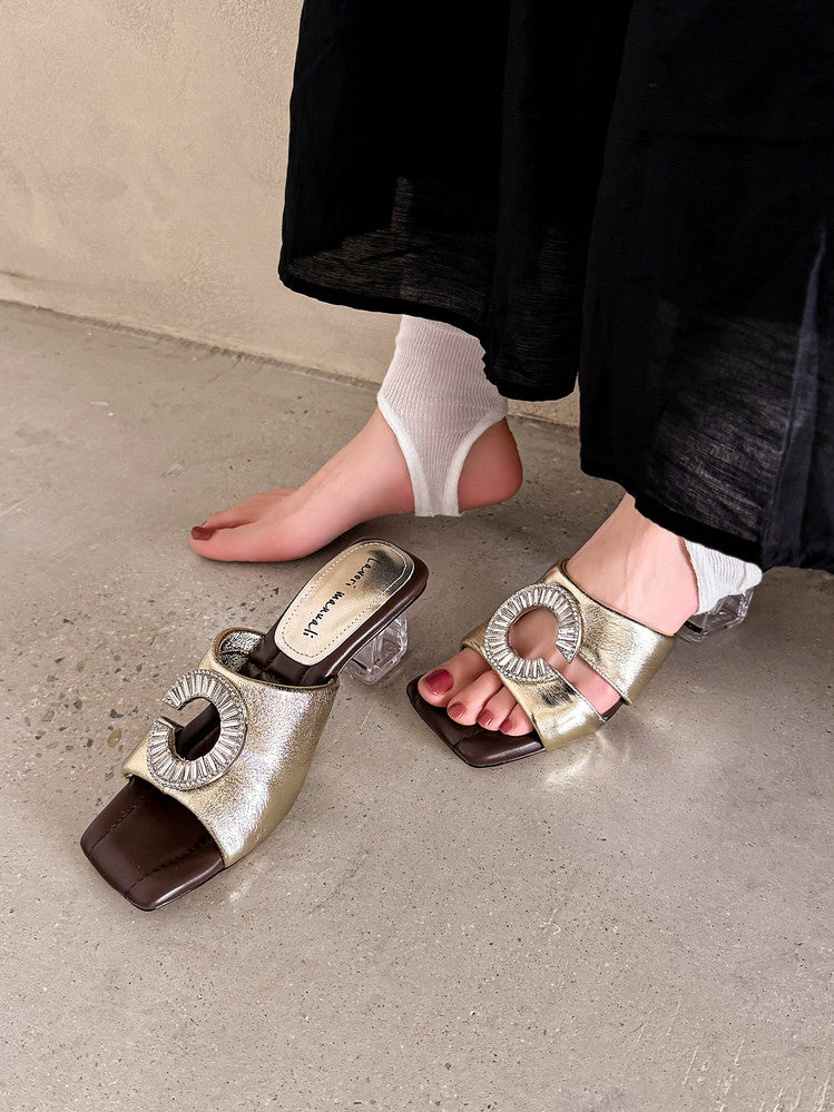 Karin Luna In Stock  Spot Goods  Large Rhinestone Square-Toed Crystal Heel Slippers