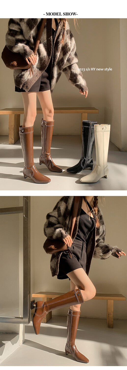 Karin Luna In Stock Spot Goods  Vintage Open Stitch Small Square Toe High Heel Side Zipper Riding Boots