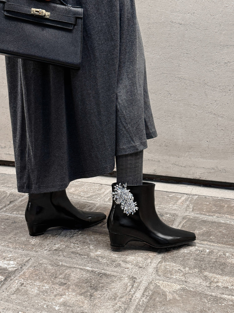 Karin Luna Elegant Style Square Toe Flower Design Height Increasing Short Boots with Two Front and Back Options