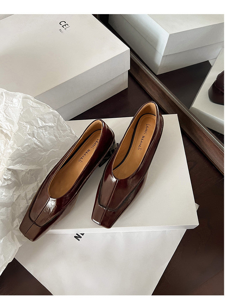 Karin Luna In Stock Spot Goods  Retro Full Leather Square Toe Shallow Mouth Single Shoes