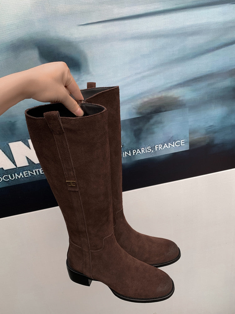 Karin Luna In Stock Spot Goods Basic Retro Square Toe Chunky Heel Riding Boots