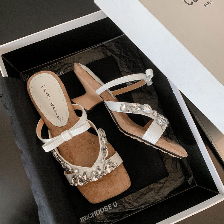 Karin Luna In Stock In Stock  Square Toe Rhinestone Bow Suede Slippers