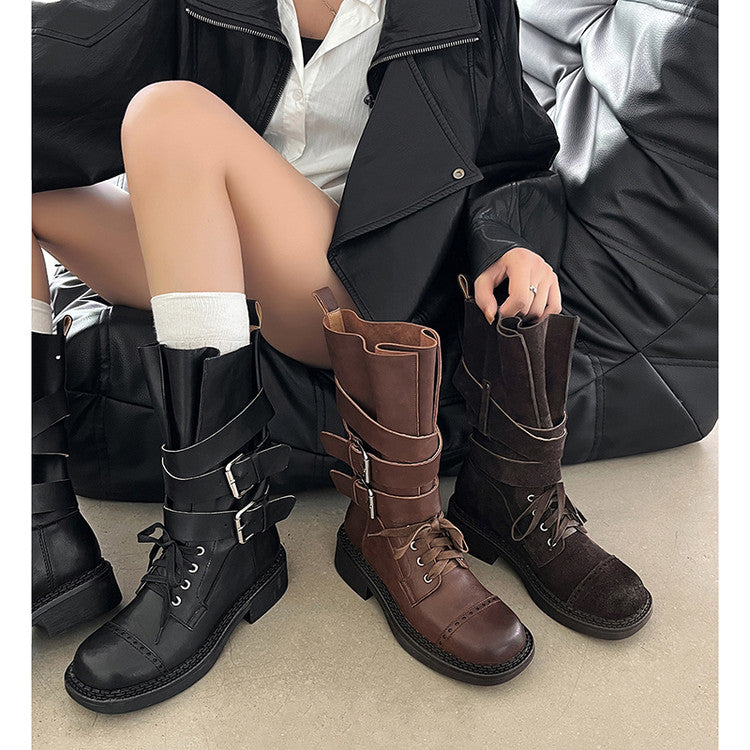 Karin Luna Bestseller Hot-Selling Large Tube Leather Belt Buckle Round Toe Thick-Soled Short Boots