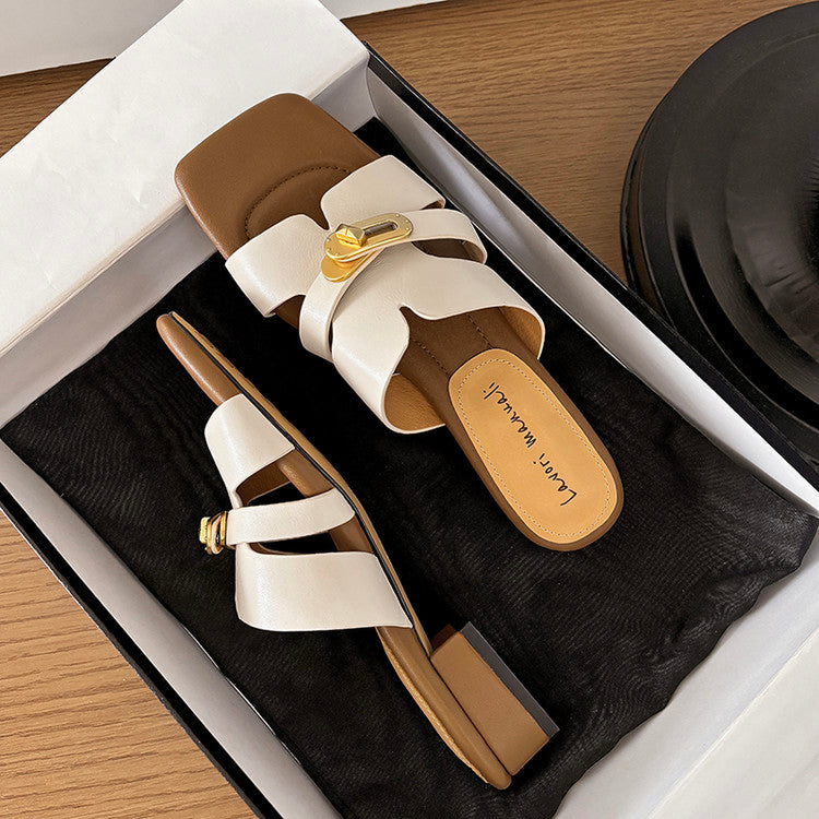 Karin Luna Comfortable Gold Buckle Square Toe Chunky Heel Casual Style Slippers