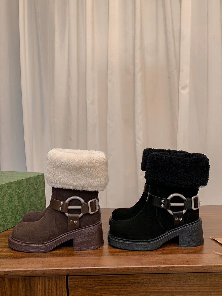 Karin Luna Genuine Lamb Wool and Cowhide Leather Hot-selling Metal Buckle Round Toe Chunky Heel Main Push Main Push