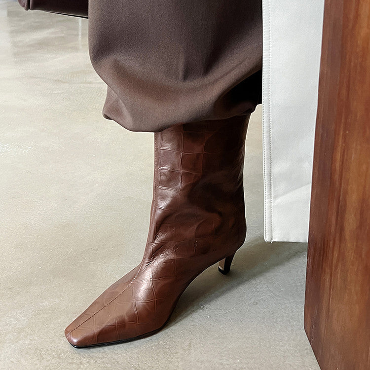 Karin Luna In Stock Spot Goods Top Layer Stone Pattern Cowhide Textured Small Square Toe Straight Short Boots