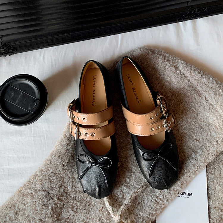 Karin Luna In Stock Spot Goods Minimalist Retro Round Toe Mary Jane Bowknot Height-Increasing Flats