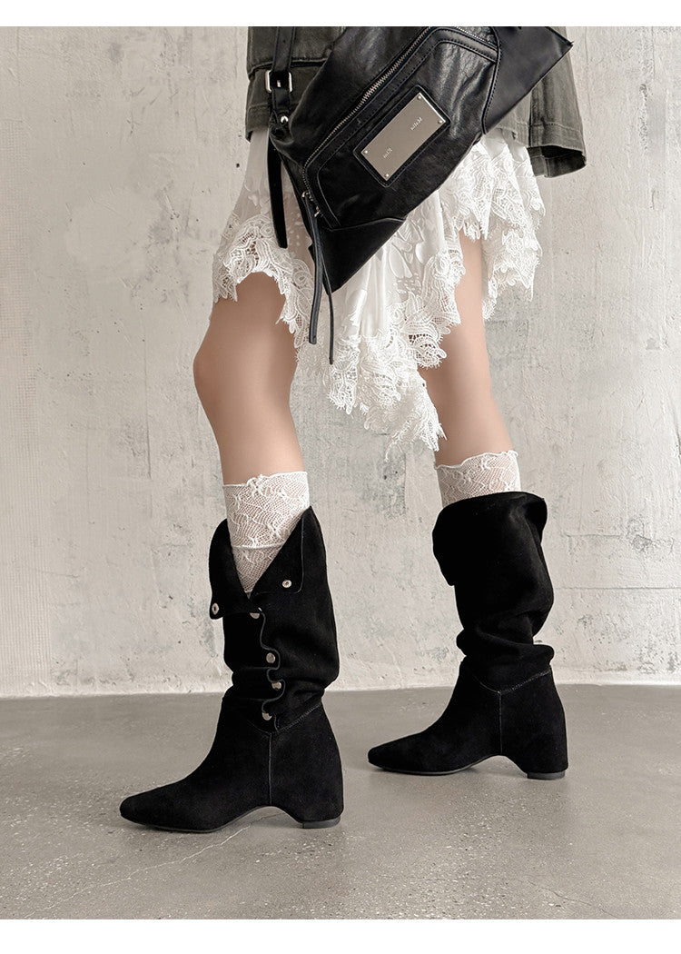 Karin Luna Bestseller Hot-Selling Hidden Buckle Lazy Style Square-Toe Height-Increasing Suede Western Boots