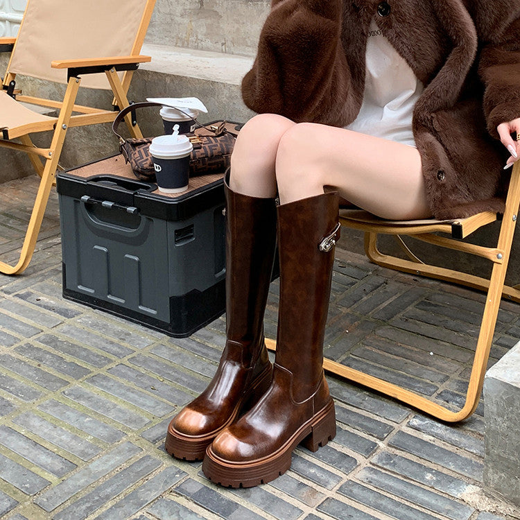 Karin Luna In Stock In Stock  Round Toe Thick Sole Belt Buckle Side Zipper Knight Boots