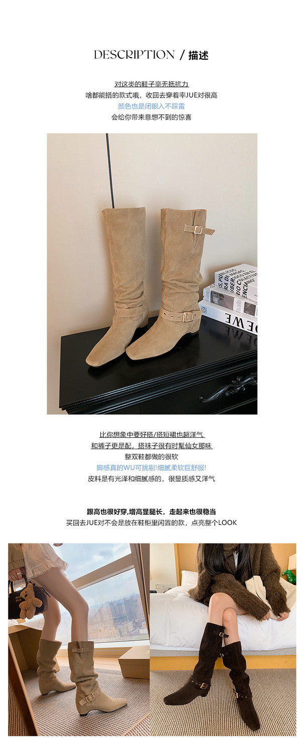 Karin Luna Data Model Belt Buckle Matte Square Toe Hidden Wedge Slouch Western Boots
