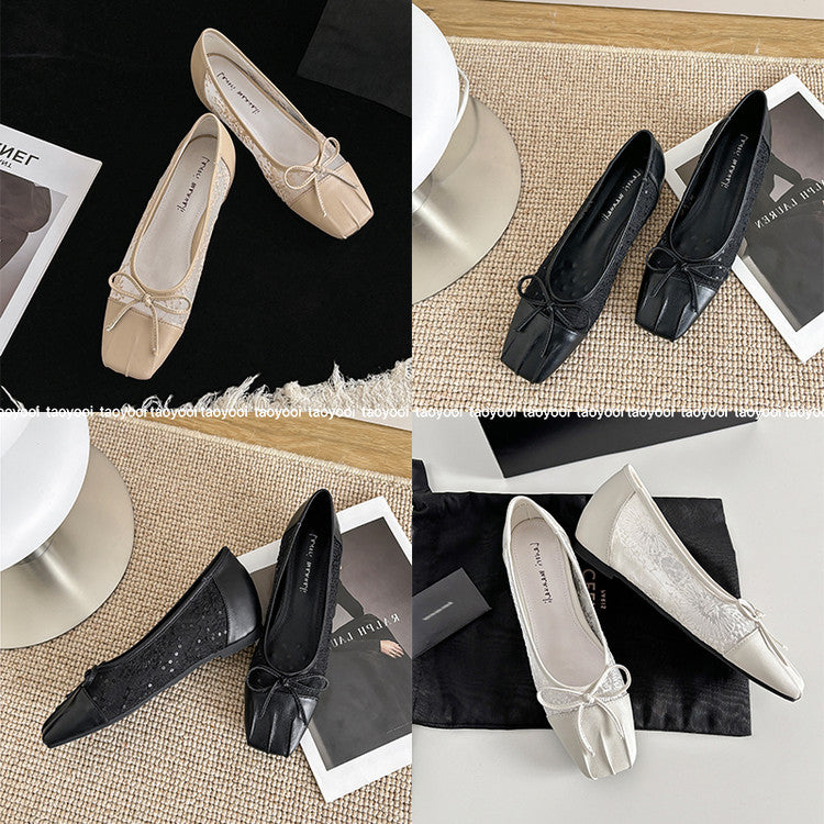 Karin Luna In Stock In Stock  Wrinkled Square Toe Patchwork Breathable Mesh Bow Granny Shoes