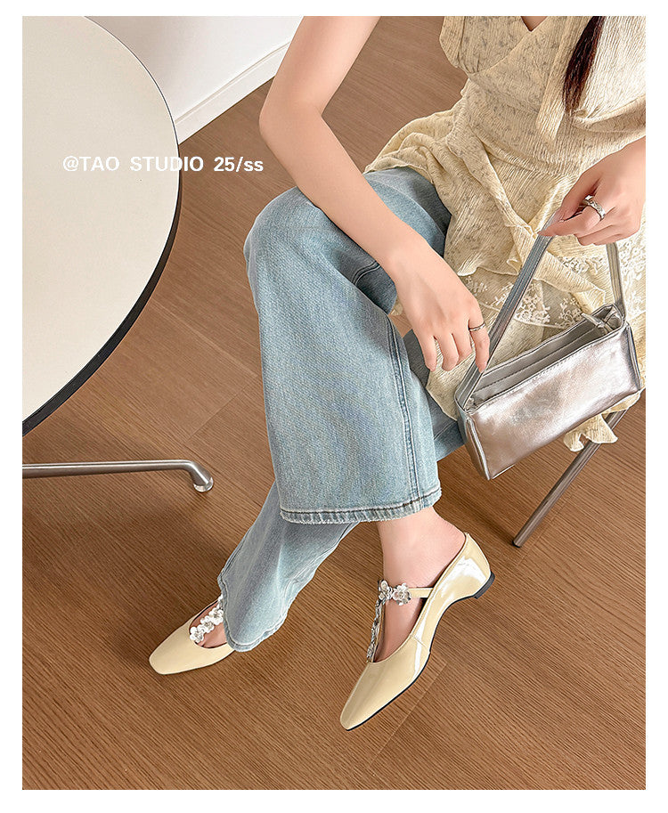 Karin Luna In Stock Spot Goods  T Handmade Sequin Flower Square Toe Height-Increasing Closed-Toe Slippers