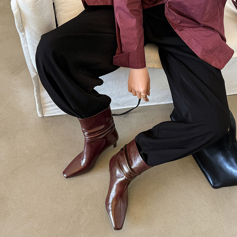 Karin Luna In Stock Spot Goods  Retro Wrinkled Small Square Toe Short Boots
