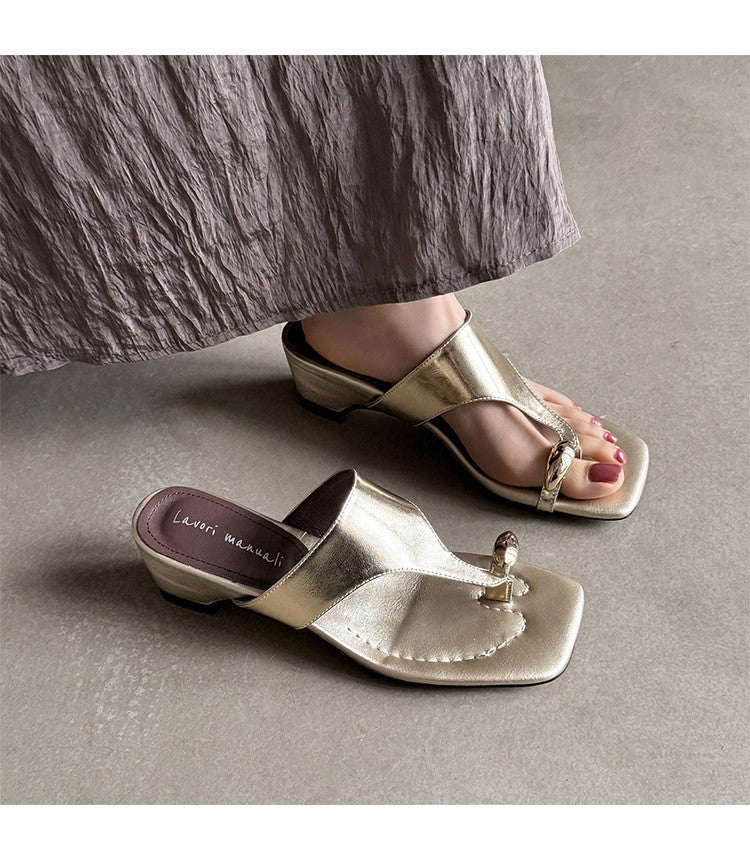 Karin Luna In Stock Spot Goods Clip-toe Square Toe Metal Buckle Minimalist Slippers