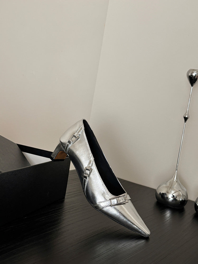 Karin Luna In Stock In Stock Retro Belt Buckle Small Square Toe Chunky Heel Single Shoes