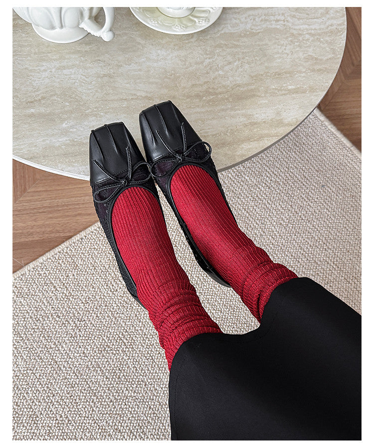 Karin Luna In Stock In Stock  Wrinkled Square Toe Patchwork Breathable Mesh Bow Granny Shoes