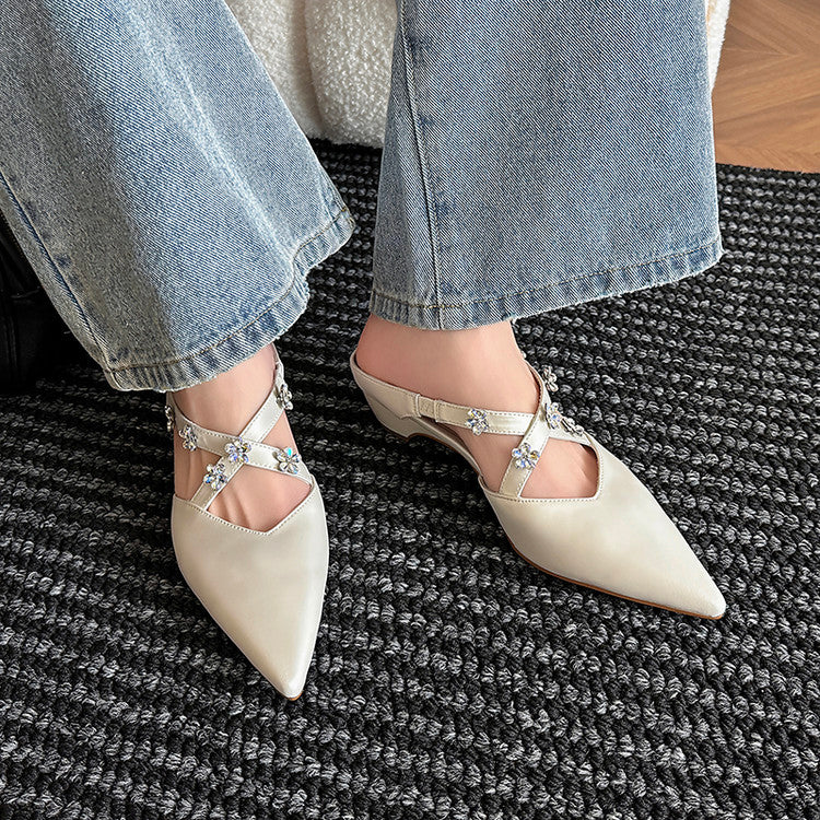 Karin Luna Elegant Pointed Toe Rhinestone Flower High Heel Mules