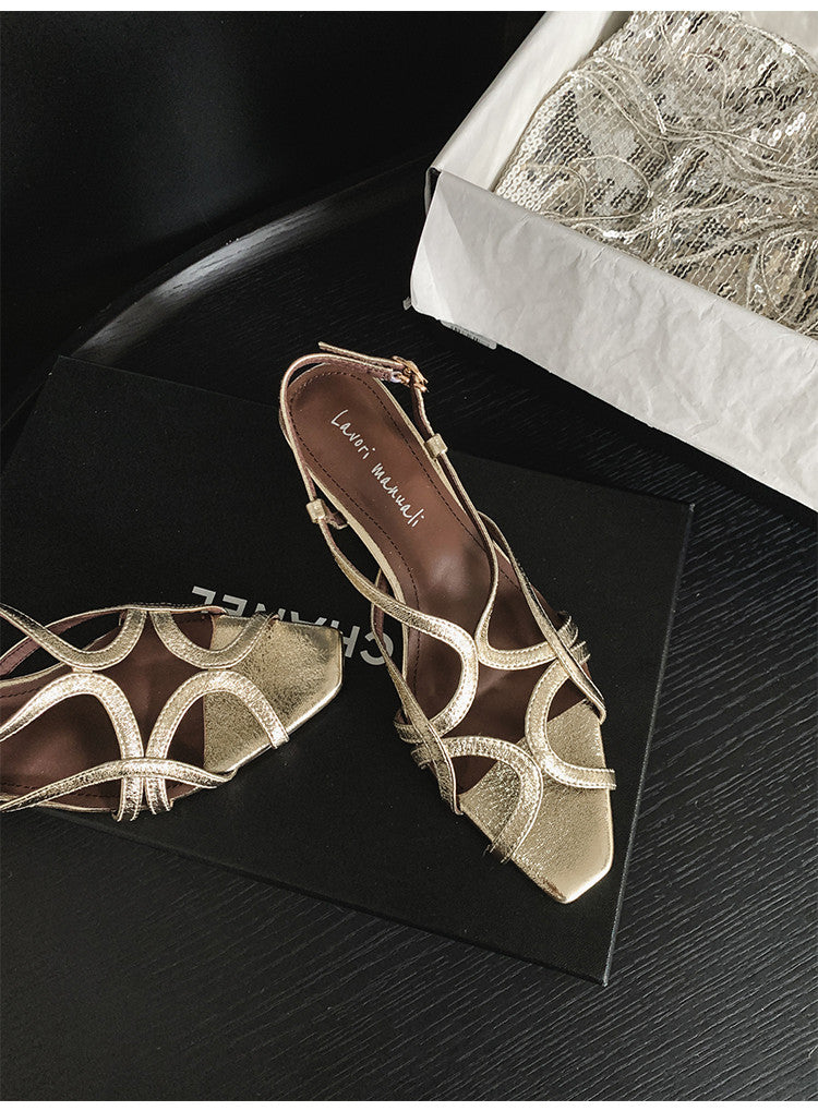 Karin Luna French Hollow Style Small Square Toe Chunky Heel Sandals