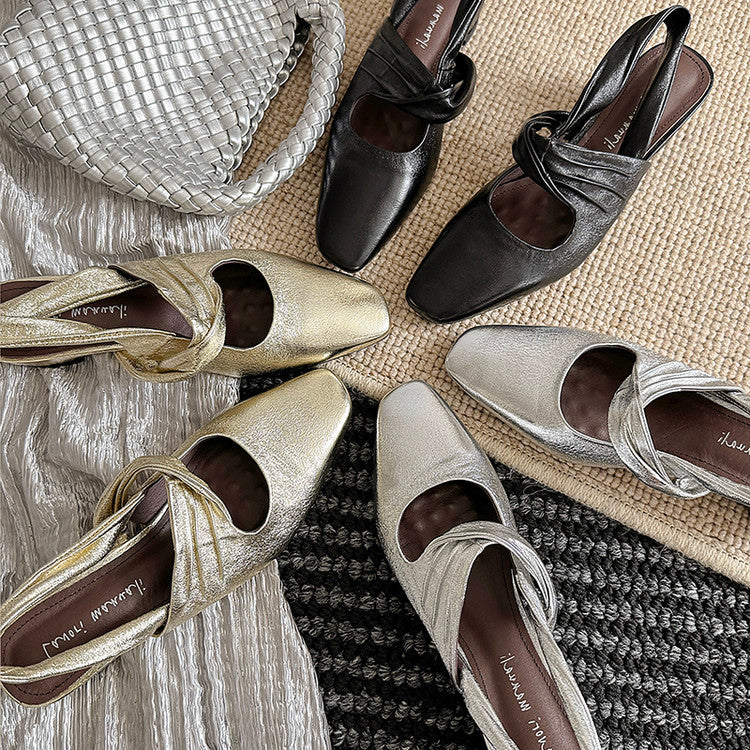 Karin Luna In Stock  Spot Goods Small Square Toe Wrinkled Chunky Heel Closed-Toe Sandals