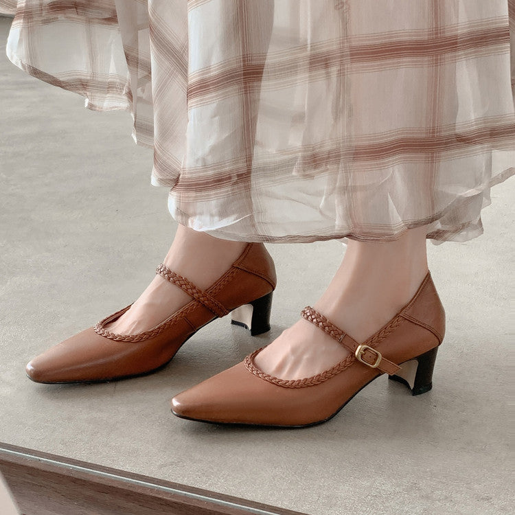 Karin Luna Braided Element Design Chunky Heel Square Toe Single Strap Shoes