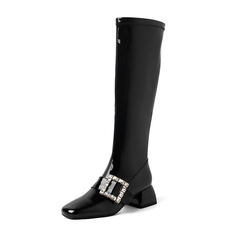 Karin Luna Elegant Style Ultra Slimming Rhinestone Chunky Heel British Style Riding Boots Long Boots
