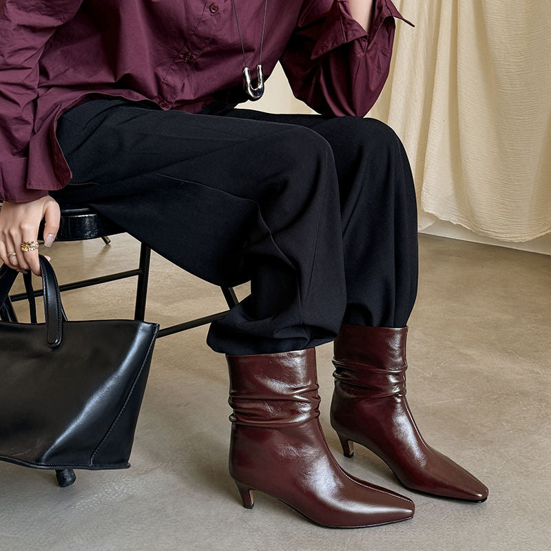 Karin Luna In Stock Spot Goods  Retro Wrinkled Small Square Toe Short Boots