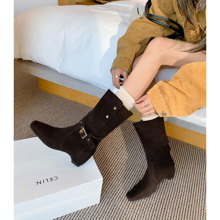 Karin Luna Foldable Belt Buckle Square Toe Hidden Wedge Short Boots