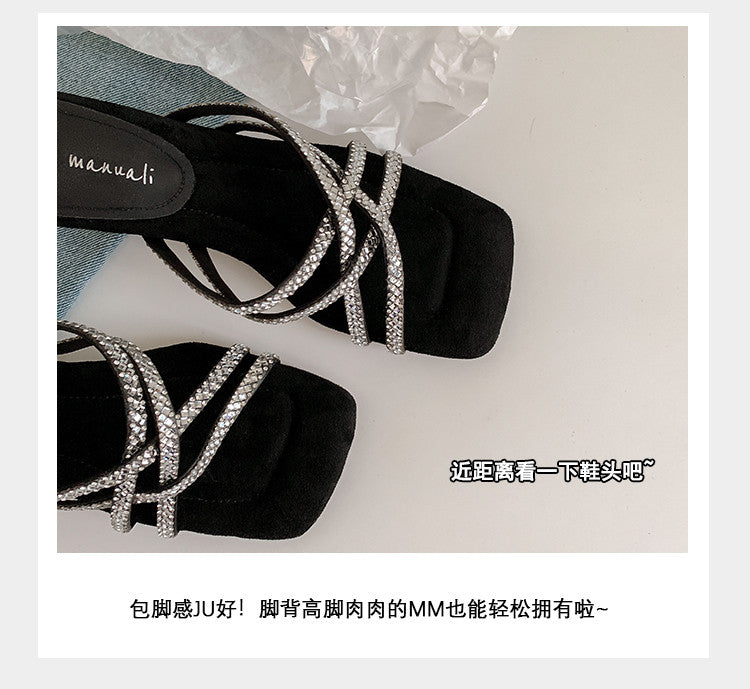 Karin Luna In Stock Spot Goods  Rhinestone Cross Strap Square Toe High Heel Slippers