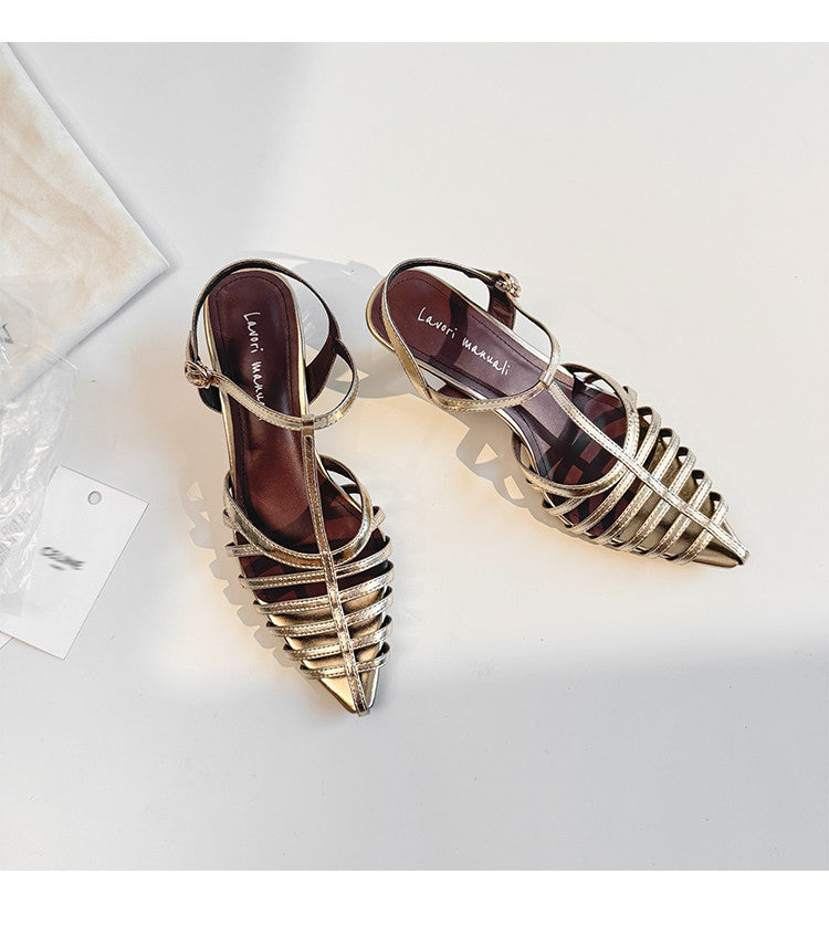 Karin Luna French Hollow Toe Metal Heel Elegant Sandals