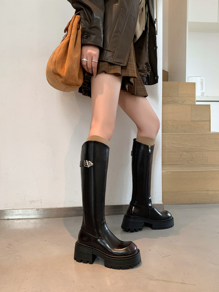 Karin Luna In Stock In Stock  Round Toe Thick Sole Belt Buckle Side Zipper Knight Boots