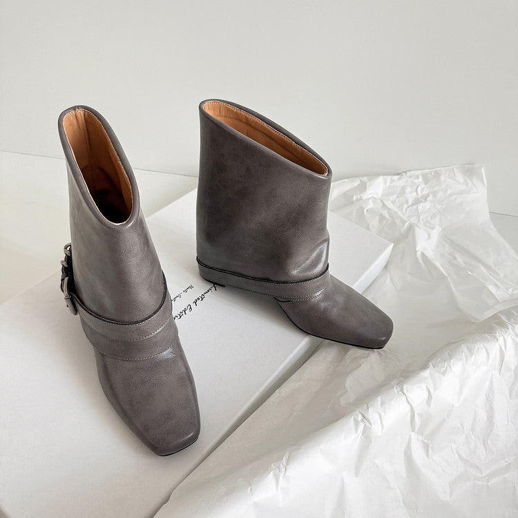 Karin Luna Data Hot Item Square Toe Hidden Wedge Belt Buckle Suede Ankle Boots