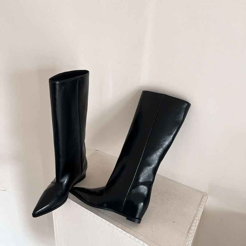 Karin Luna Elegant Style Pointed Toe Internal Height Increase Slip-On Long Boots