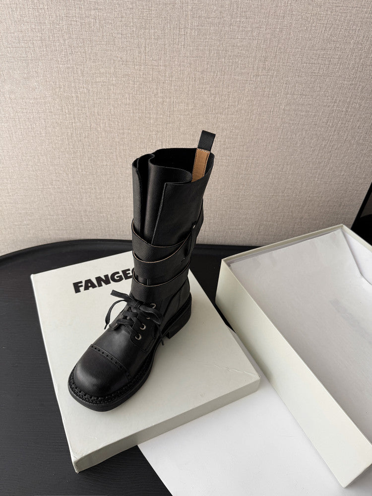 Karin Luna Bestseller Hot-Selling Large Tube Leather Belt Buckle Round Toe Thick-Soled Short Boots