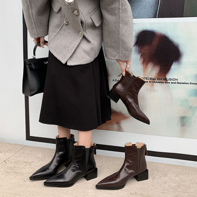 Karin Luna In Stock Spot Goods Elegant Stretch Fabric Patchwork Pointed Toe Chunky Heel Short Boots