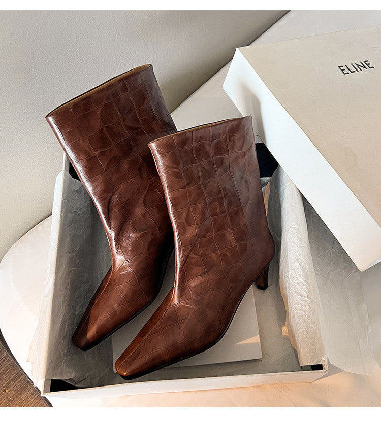 Karin Luna In Stock Spot Goods Top Layer Stone Pattern Cowhide Textured Small Square Toe Straight Short Boots