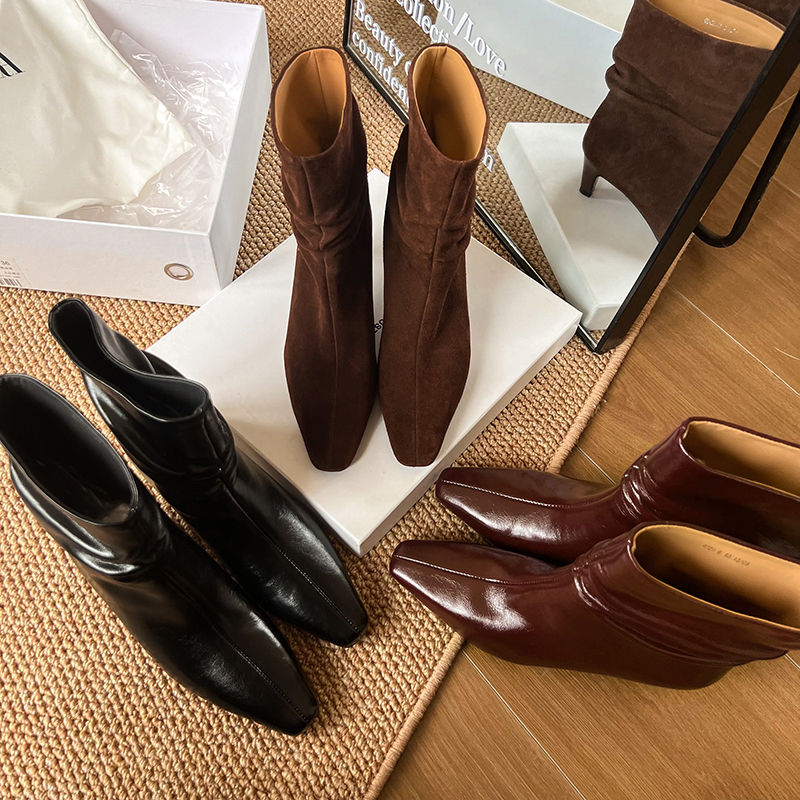 Karin Luna In Stock Spot Goods  Retro Wrinkled Small Square Toe Short Boots
