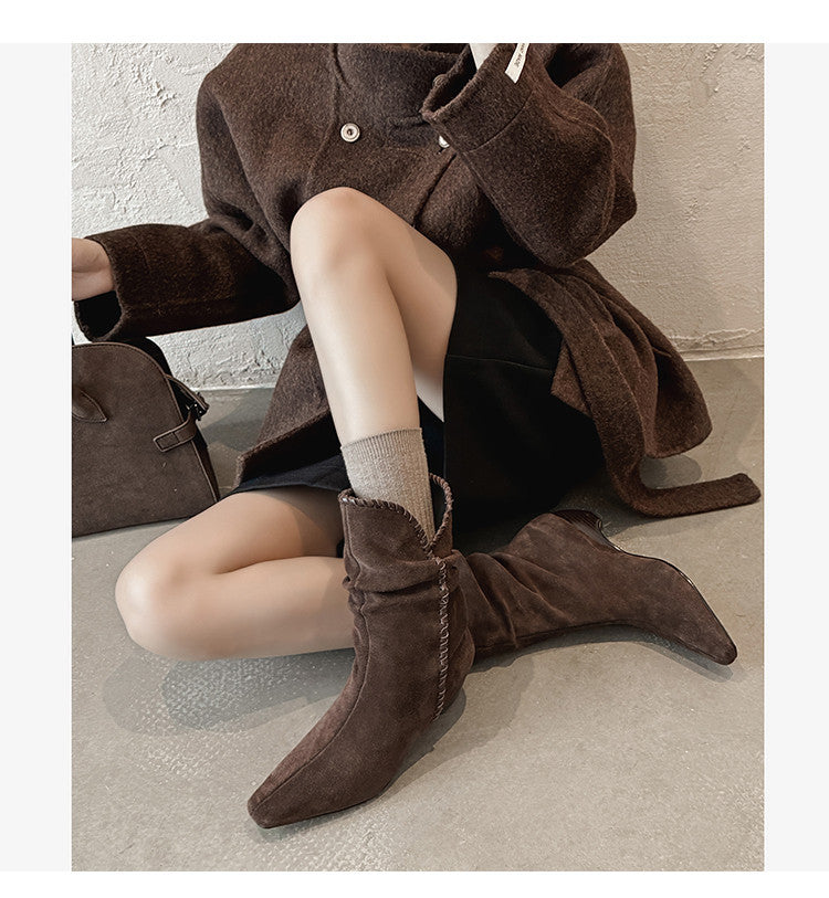 Karin Luna Small Square Toe Retro Ruched Pile Short Boots