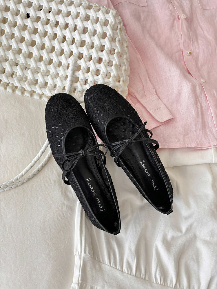 Karin Luna In Stock Spot Goods  Summer Breathable Retro Embroidered Bow Granny Shoes