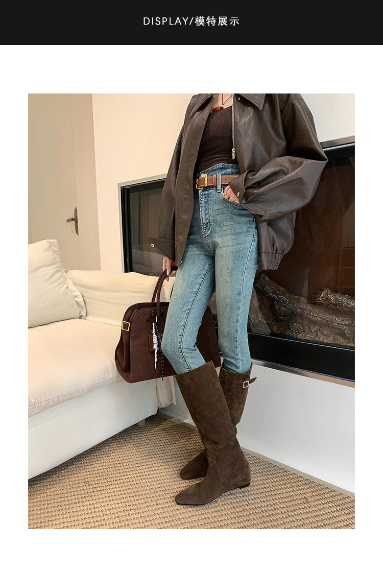 Karin Luna In Stock Spot Goods Vintage Cowhide Leather Chunky Heel Height Increasing Long Boots