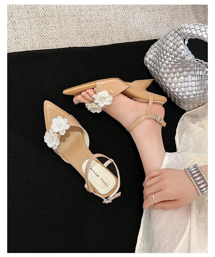 Karin Luna In Stock Spot Goods  Classic Camellia Pointed Toe Elegant Irregular Heel Sandals
