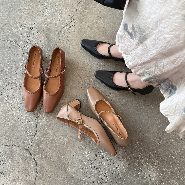 Karin Luna Braided Element Design Chunky Heel Square Toe Single Strap Shoes