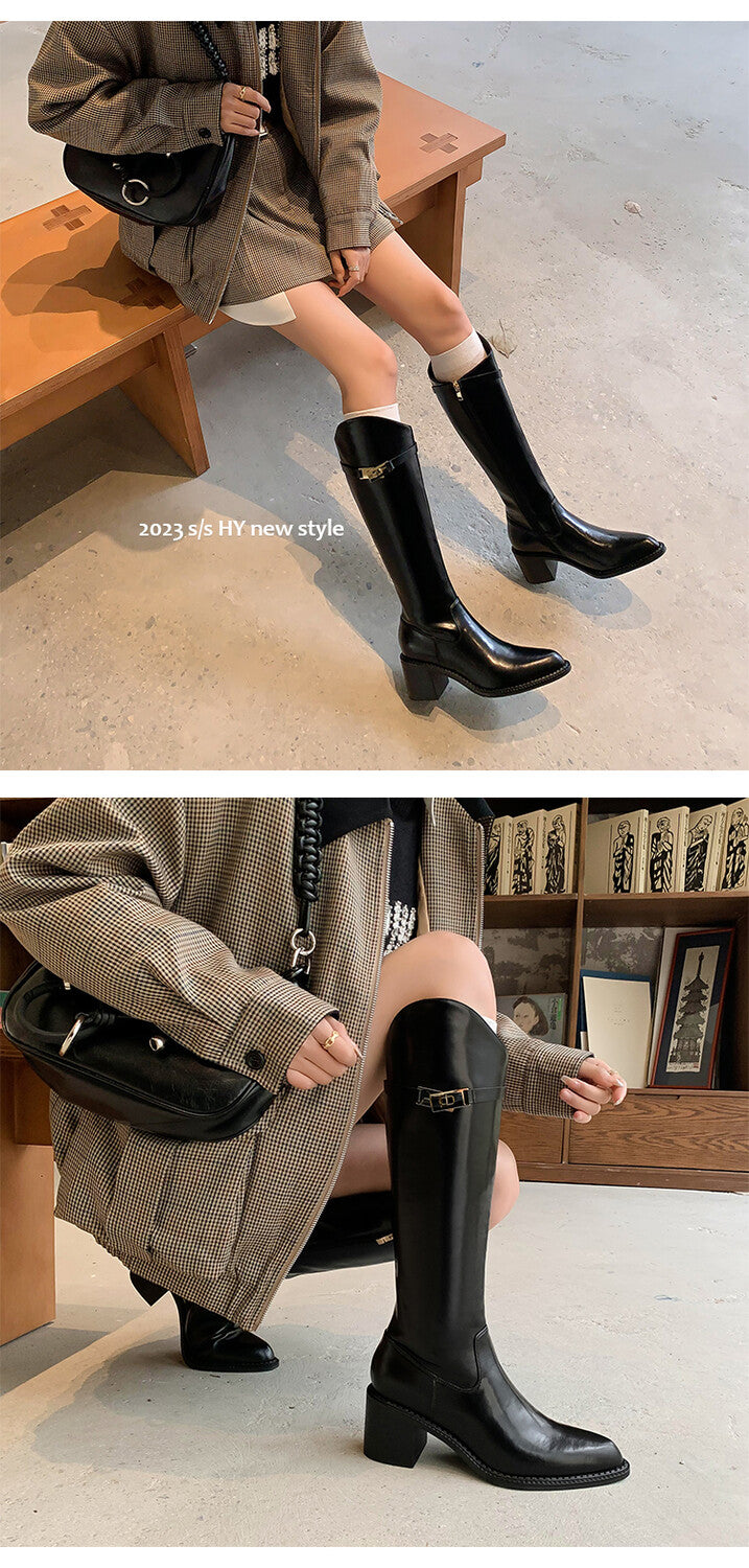 Karin Luna Hot-Selling Fasteners Sold as soon as listed Comes with data plan included Pointed Toe Chunky Heel Classic Full Cowhide Leather Riding Boots