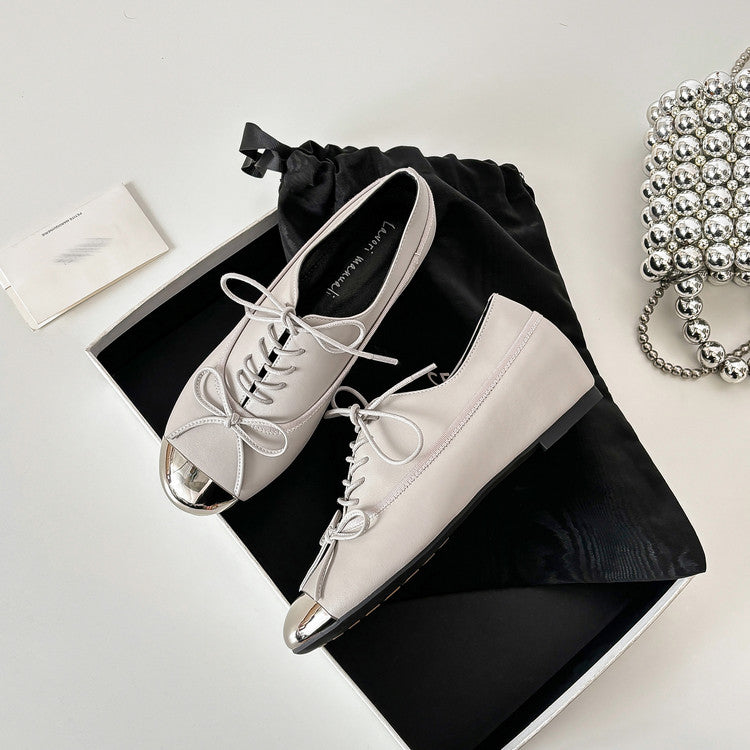 Karin Luna In Stock Spot Goods  Casual Lace-Up Metal Toe Bow Deep Mouth Single Shoes