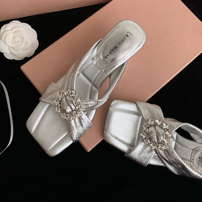 Karin Luna In Stock In Stock Elegant Square-Toe Cross-Strap Rhinestone Square-Toe Slippers