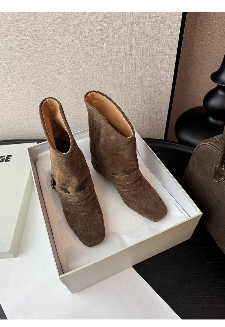 Karin Luna Data Hot Item Square Toe Hidden Wedge Belt Buckle Suede Ankle Boots