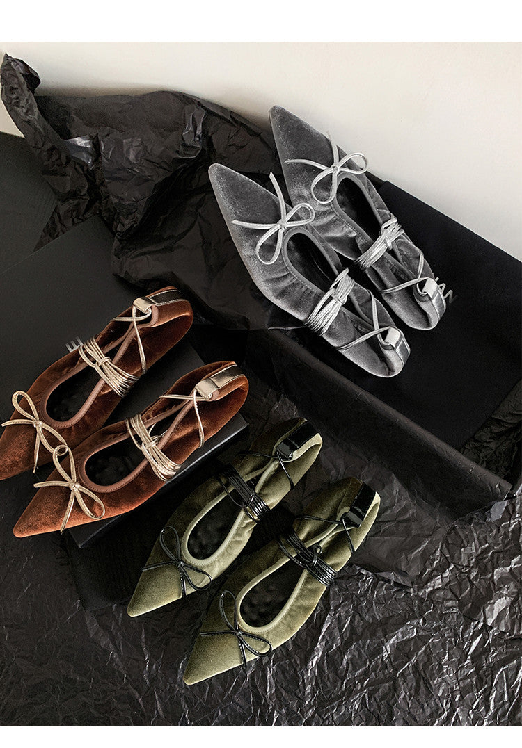 Karin Luna In Stock In Stock Retro Velvet Pointed Toe Bowknot Single Shoes