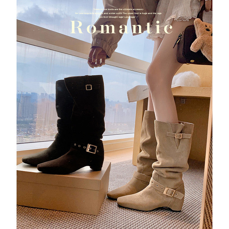 Karin Luna Data Model Belt Buckle Matte Square Toe Hidden Wedge Slouch Western Boots