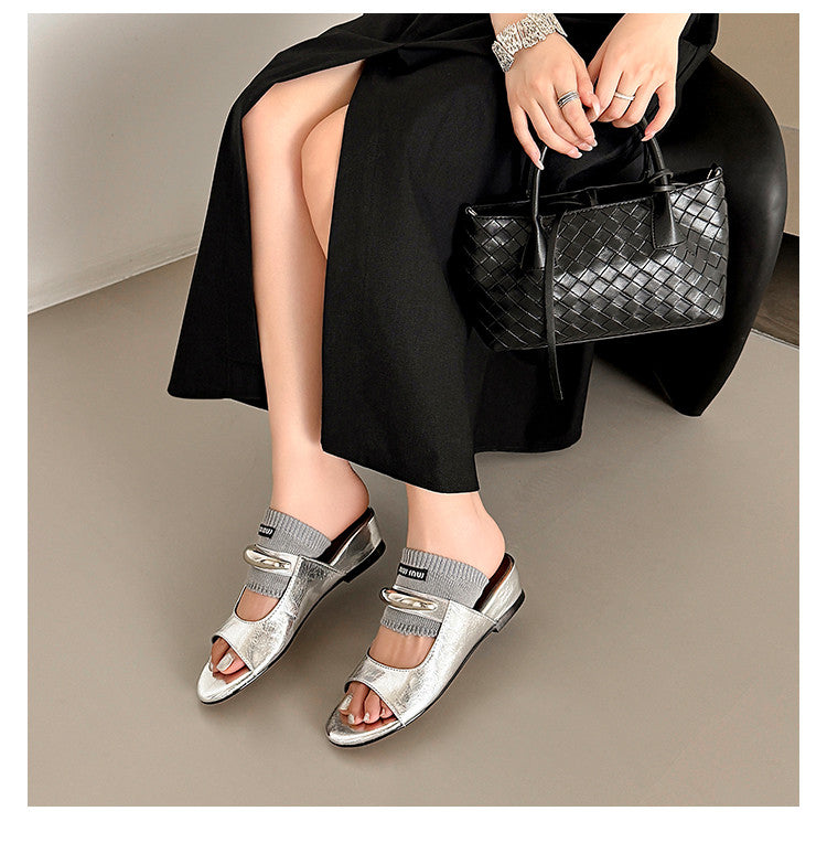 Karin Luna In Stock Spot Goods  Metal Buckle Round Toe Strap Slippers