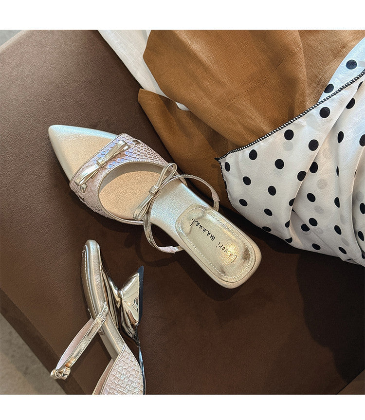 Karin Luna Fish Skin Series~Pointed Toe Irregular Heel Bowknot Strap Slippers