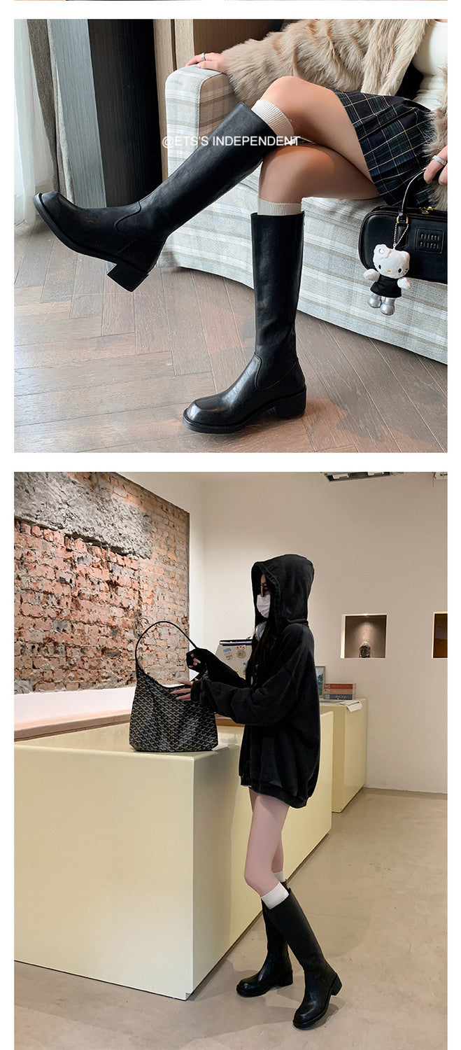 Karin Luna Basic Versatile Style Round Toe Chunky Heel Long Boots